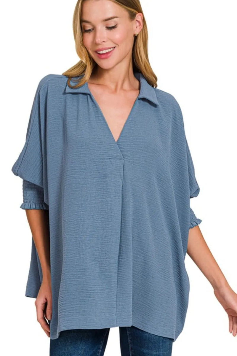 Zenana Airflow Collar Tee with Smocked Sleeve Band Top - Love Salve